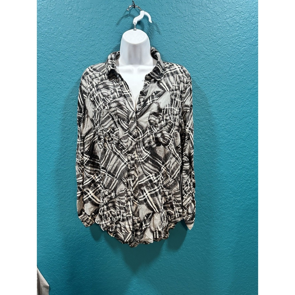 NWT Rock & Repubilc Black Plaid Blouse Top Roll Tab Sleeve Size M